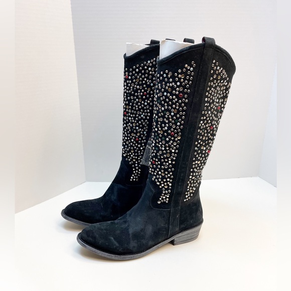 Beverly Feldman Western Boots Black Suede Leather Rhinestone Multi-Color Size 9 - Picture 2 of 14